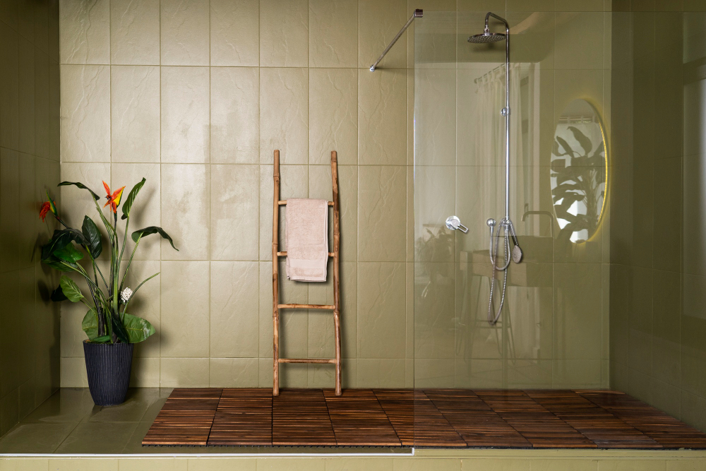 bathroom interior design with white panels and plant